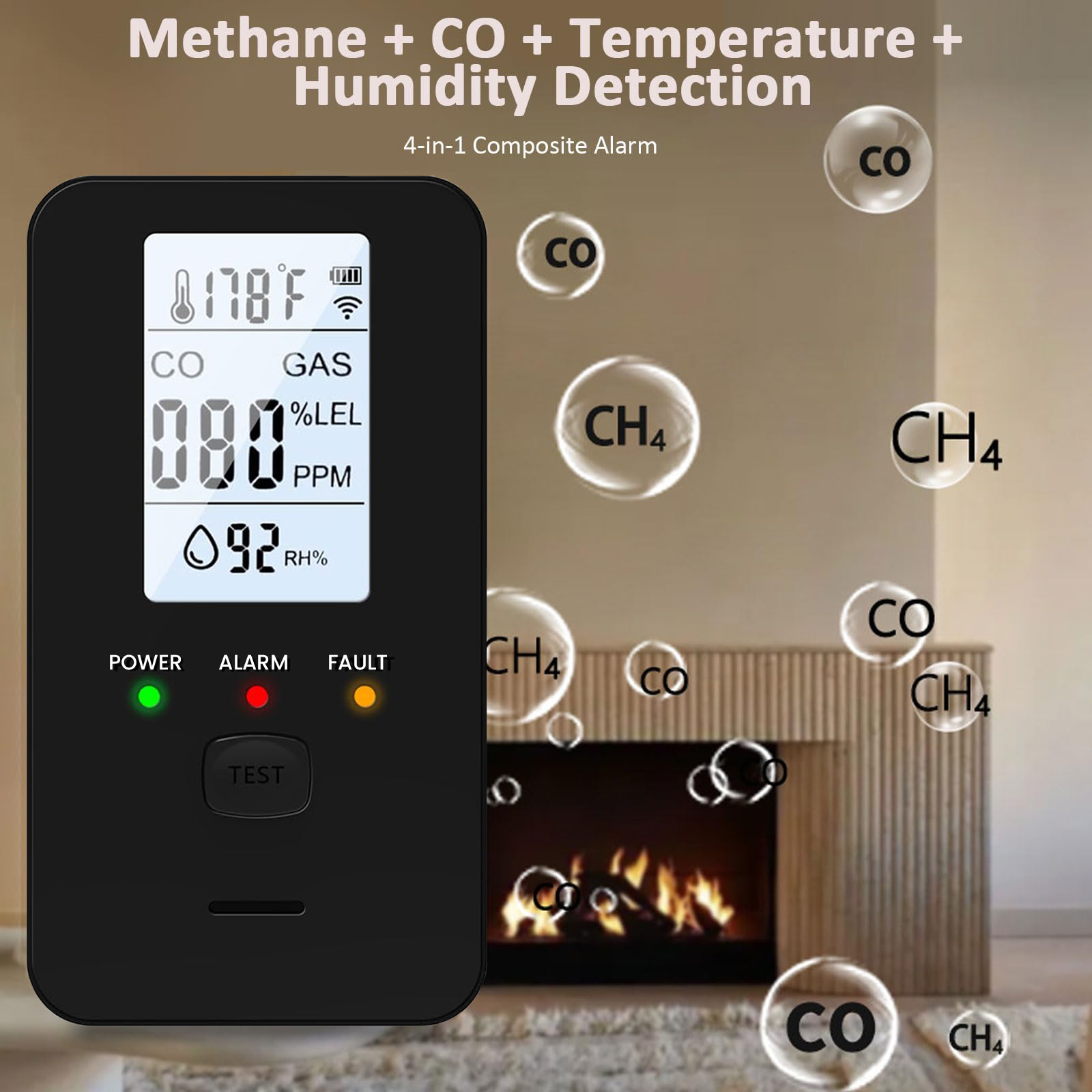 Co Detector Plug - 4-in-1 ガス＆一酸化炭素検知器 LEDカラーディスプレイ付きプラグインタイプ 温度・湿度表示付き高感度CO検知器