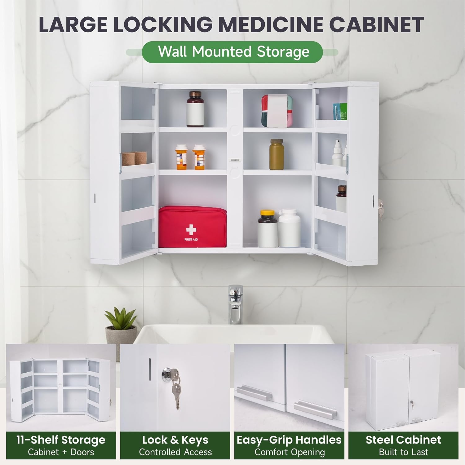 大型ロック式薬箱、11段、金属製、壁掛け式 |   十分な医 - Medicine Cabinet Lock のレビューと価格